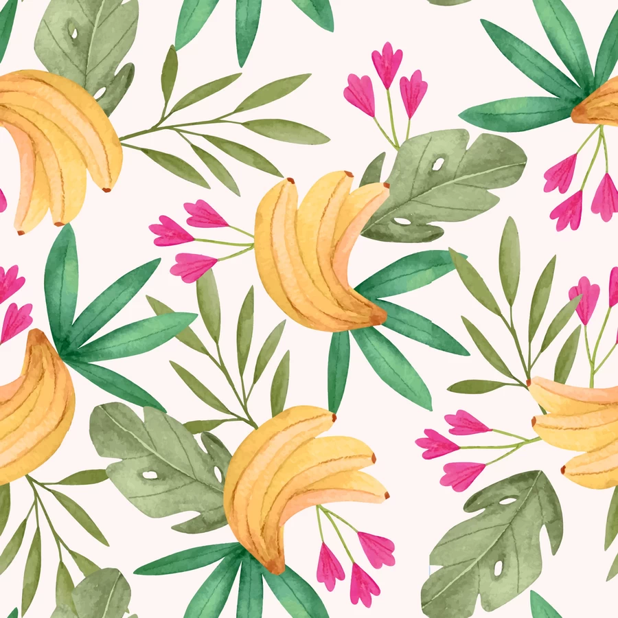 手绘水粉水果植物花朵树叶元素无缝背景图片插画AI矢量设计素材【004】